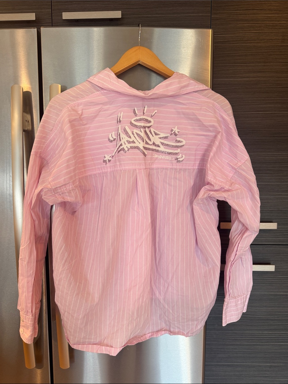 Women’s Pink Striped Button-Down Shirt with Back Graphic